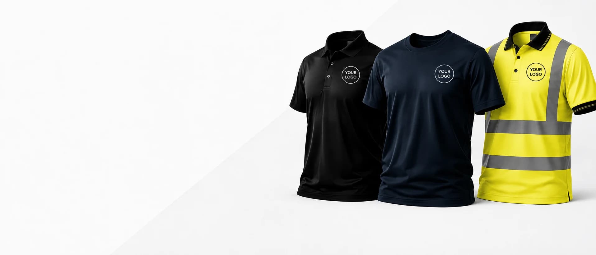 Black polo, navy t-shirt and hi-vis polo with your company logo — custom branded workwear printing in Slough